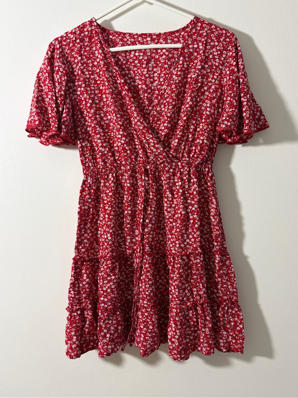 SHEIN Red Floral Wrap Tiered Mini Dress
